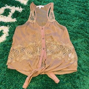 TCEC - Tan Sheer & Lace Button Up Blouse